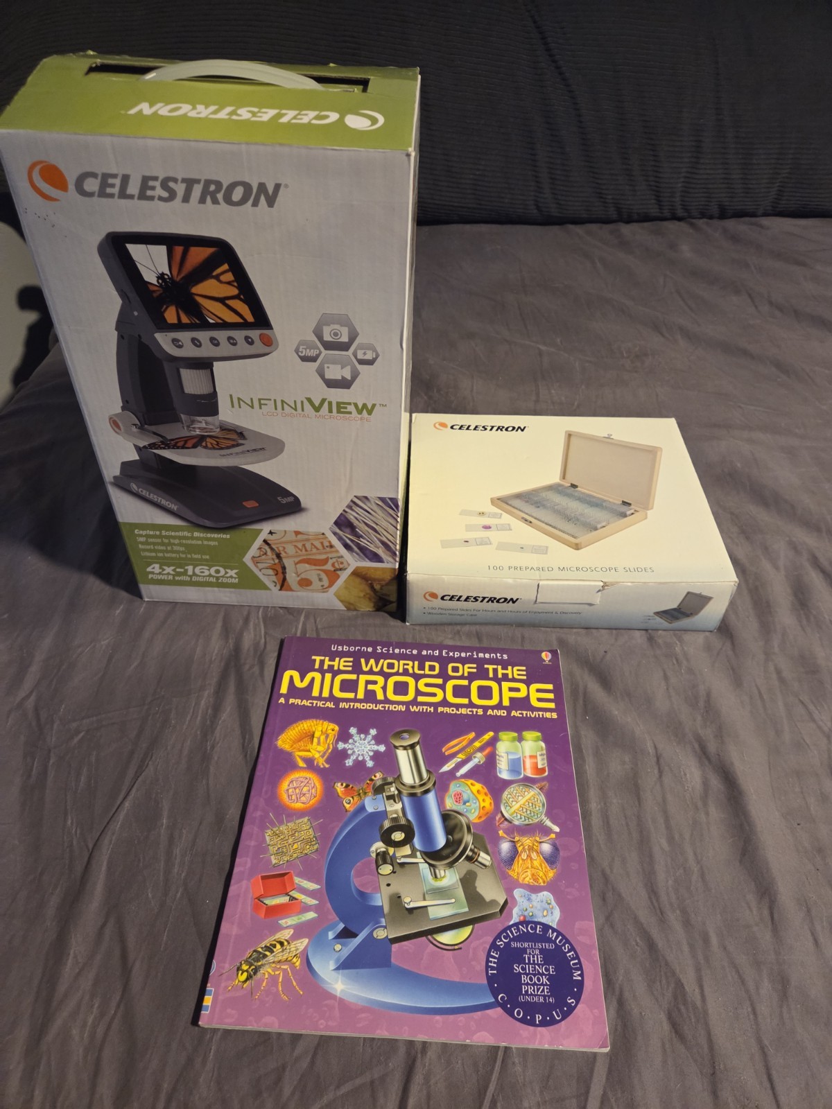 Celestron InfiniView Digital Microscope Kit  + 100 Prepared Slides & Book