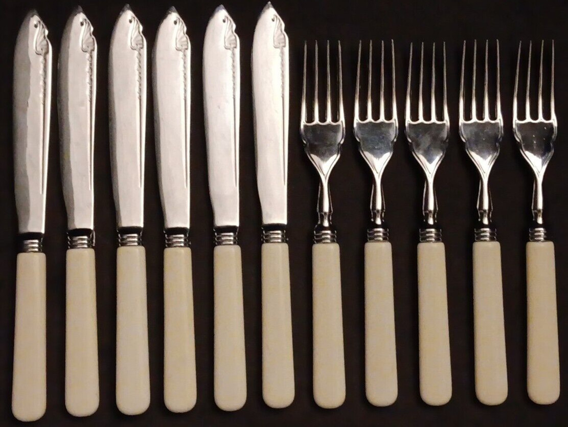 Vtg Lot Of 11 Silware Great Britain Chrome A1 Ivory Handle Fish Knives & Forks