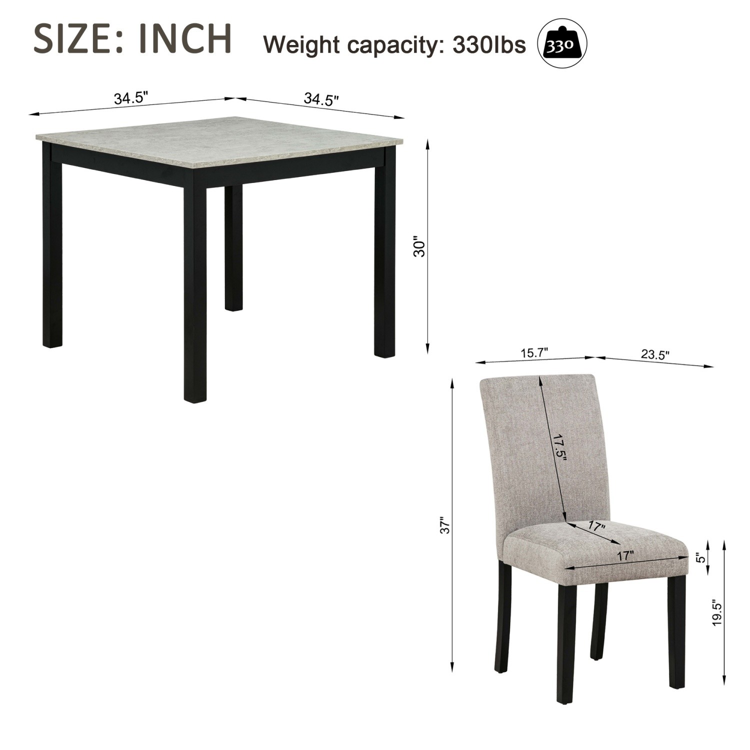 5-Piece Dining Table Set with Square Solid Wood Table and 4 Upholstered Chairs