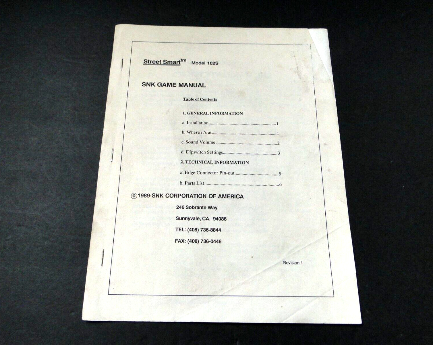 Vintage 1989 Street Smart Model 102S SNK Arcade Game Manual