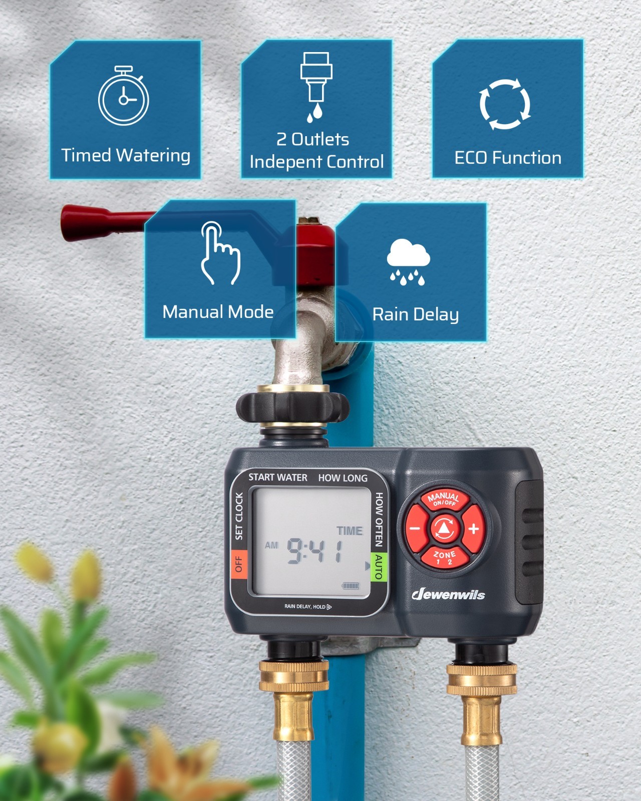 DEWENWILS 2-Zone Water Hose Timer,Programmable Sprinkler Timer,for Garden