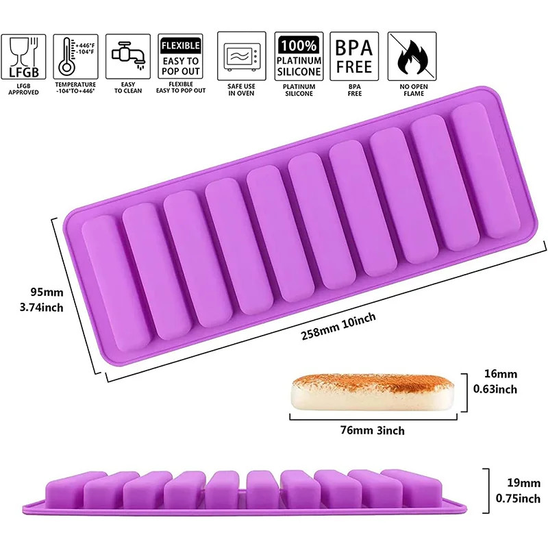 Long Strip Silicone Mold 10 Cavity Finger Shaped Chocolate Rectangular Cereal