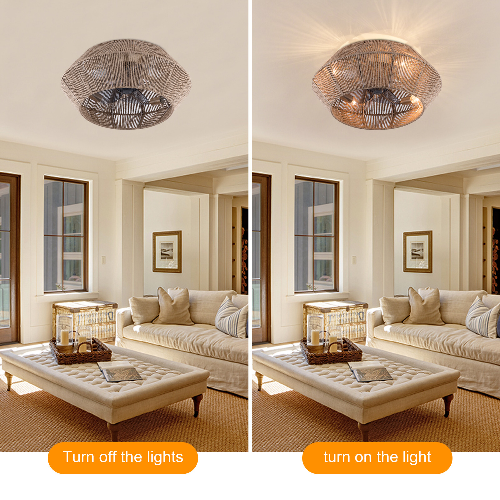 Boho Ceiling Fan Rattan Caged Flush Mount Fan Light +Remote Control Ceiling Fan