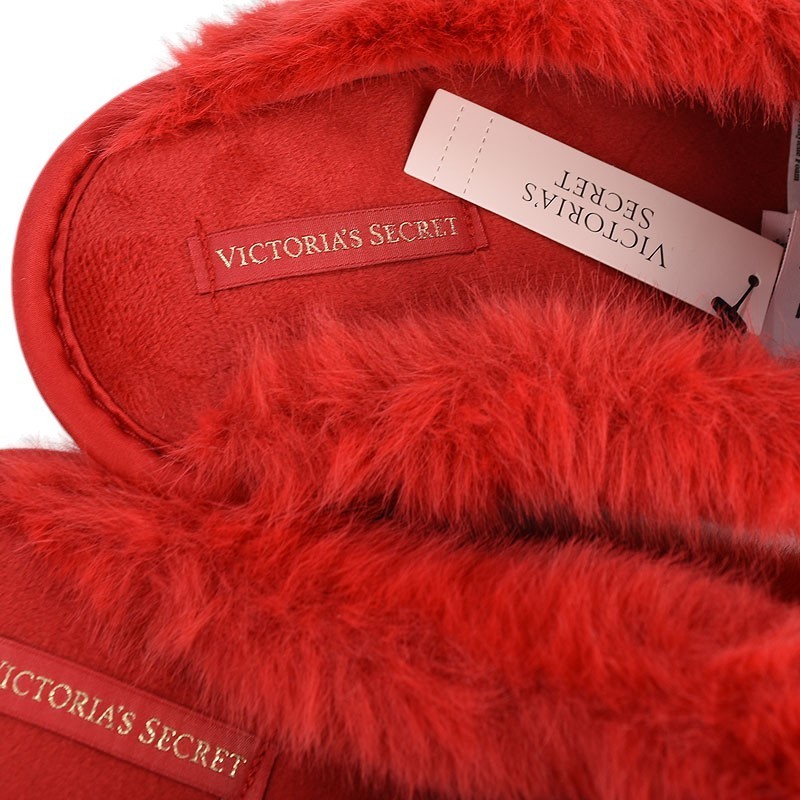 VICTORIA'S SECRET Bright Red Rhinestone Logo Faux Fur Slippers MEDIUM NWT
