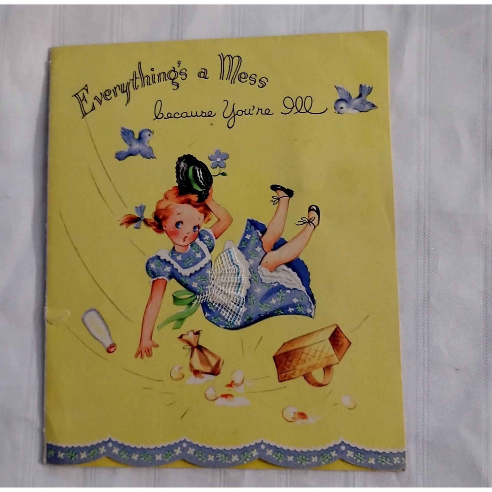 Vintage Get Well Card Fine Linen Paper Topsy Turvy Girl Bluebirds T 2163 USA