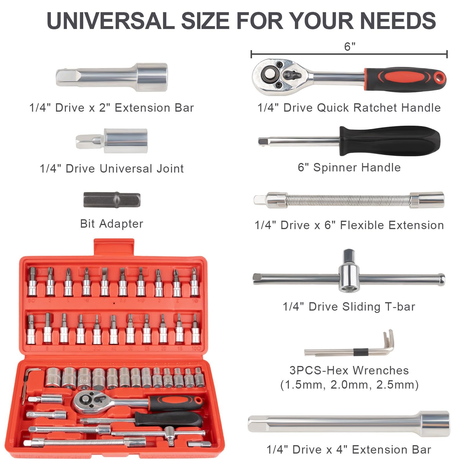 Beaiguna 46PCS Small Drive Socket Ratchet Wrench Screwdriver Set, Small, Red