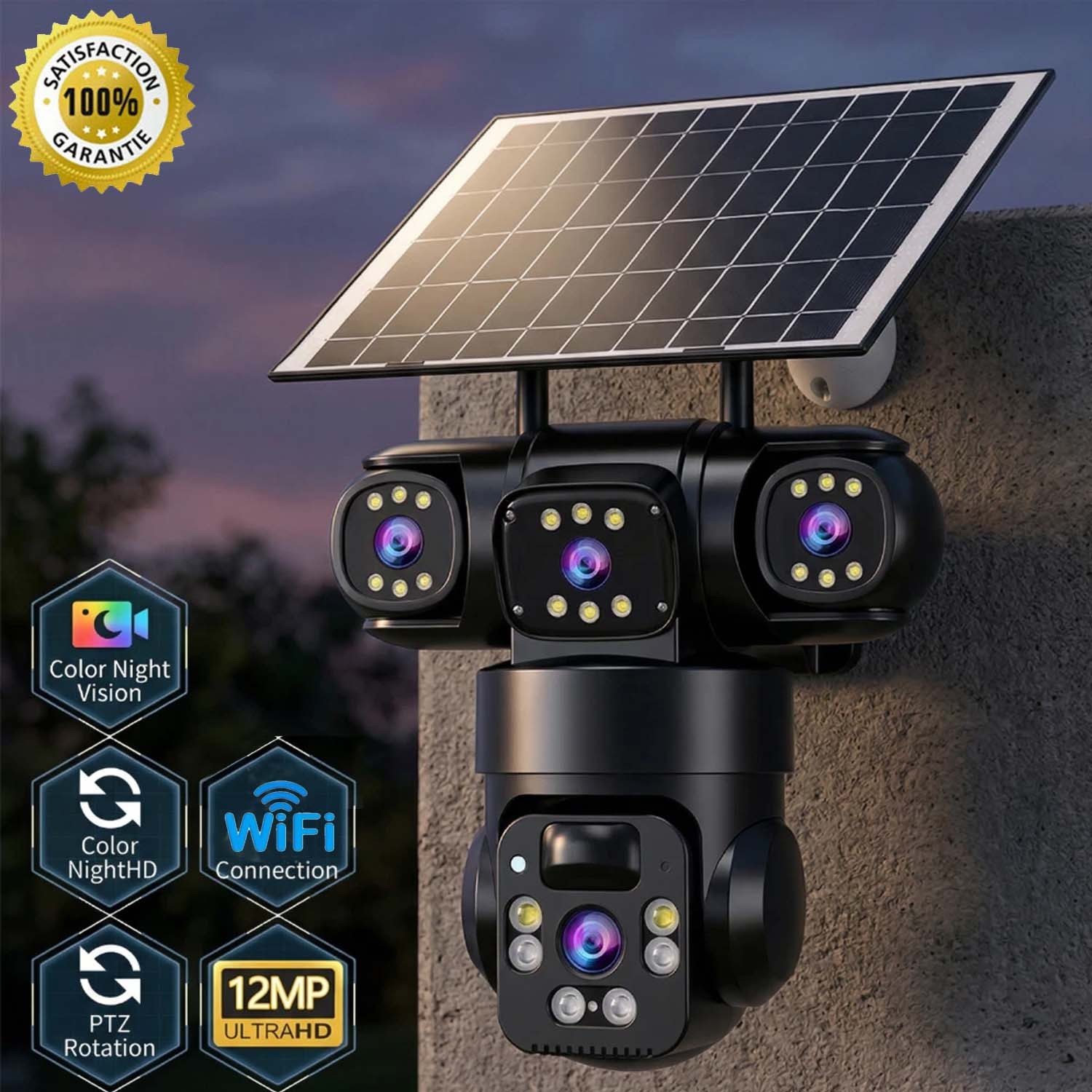 12MP 3 Lens Solar Camera Outdoor Wireless WiFi CCTV Security Camera 360° Pan