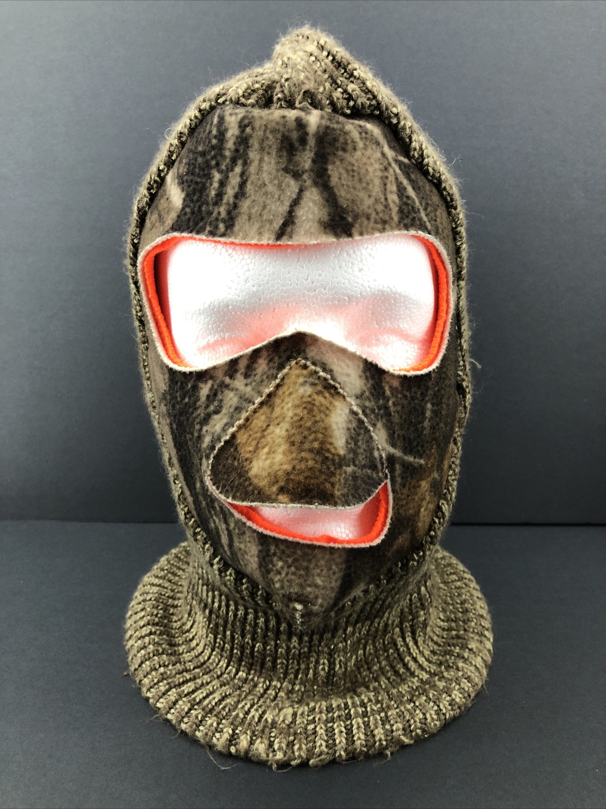 Vtg Fleece Face Mask Blaze Orange Camo Reversible Knit Winter Balaclava Hunting