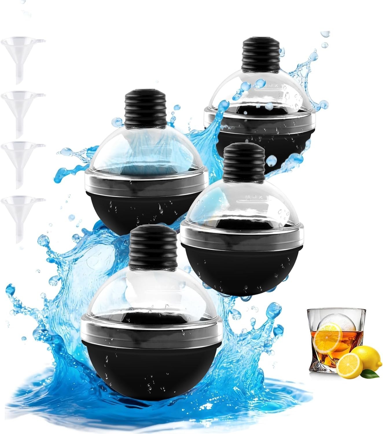 Silicone Ice Ball Molds for Whiskey - Set of 4 round Makers with Lids for Cockta