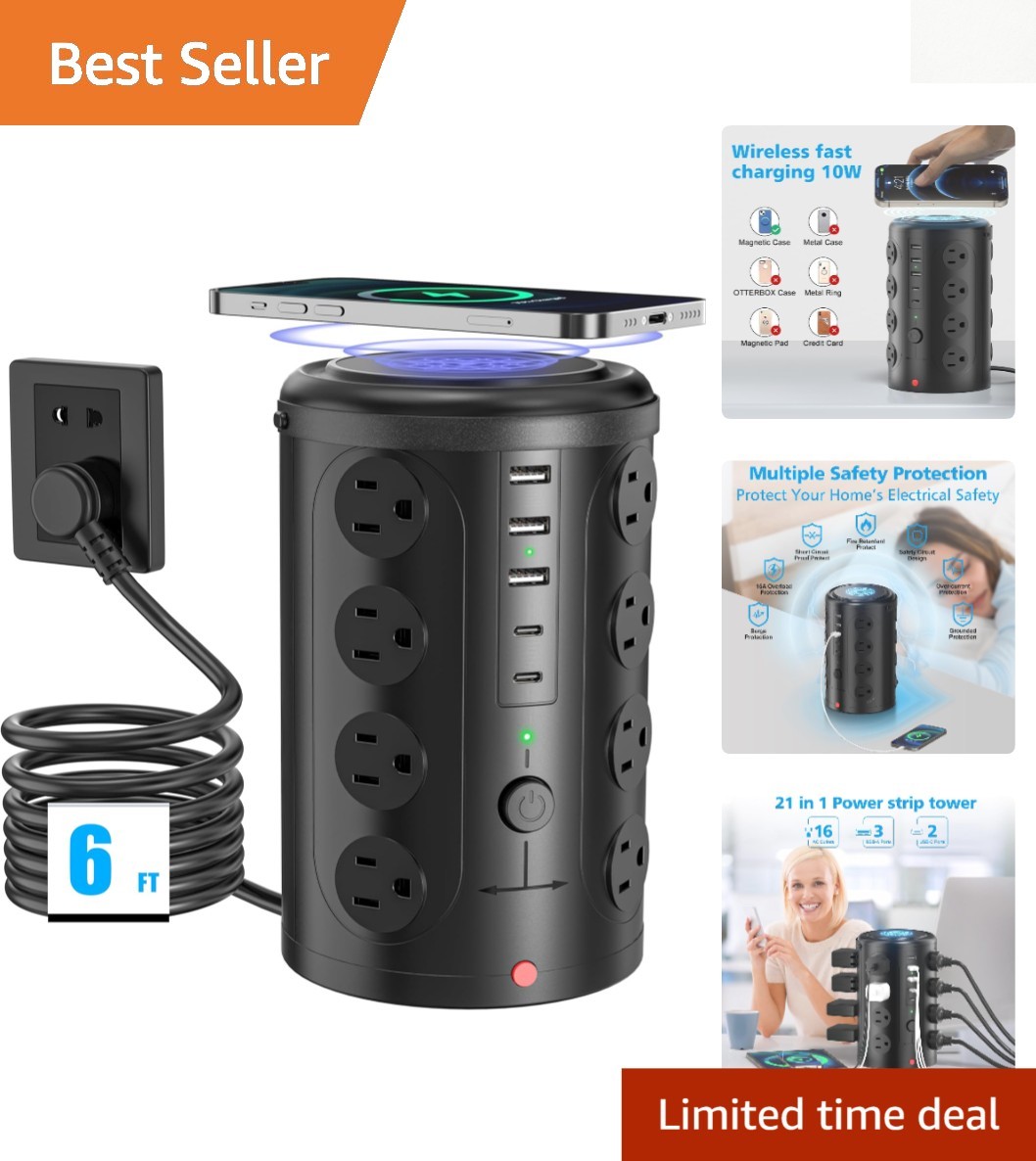Supercharged Power Strip Tower: 16 Outlets, 5 USB Ports, 2300J Surge Protection