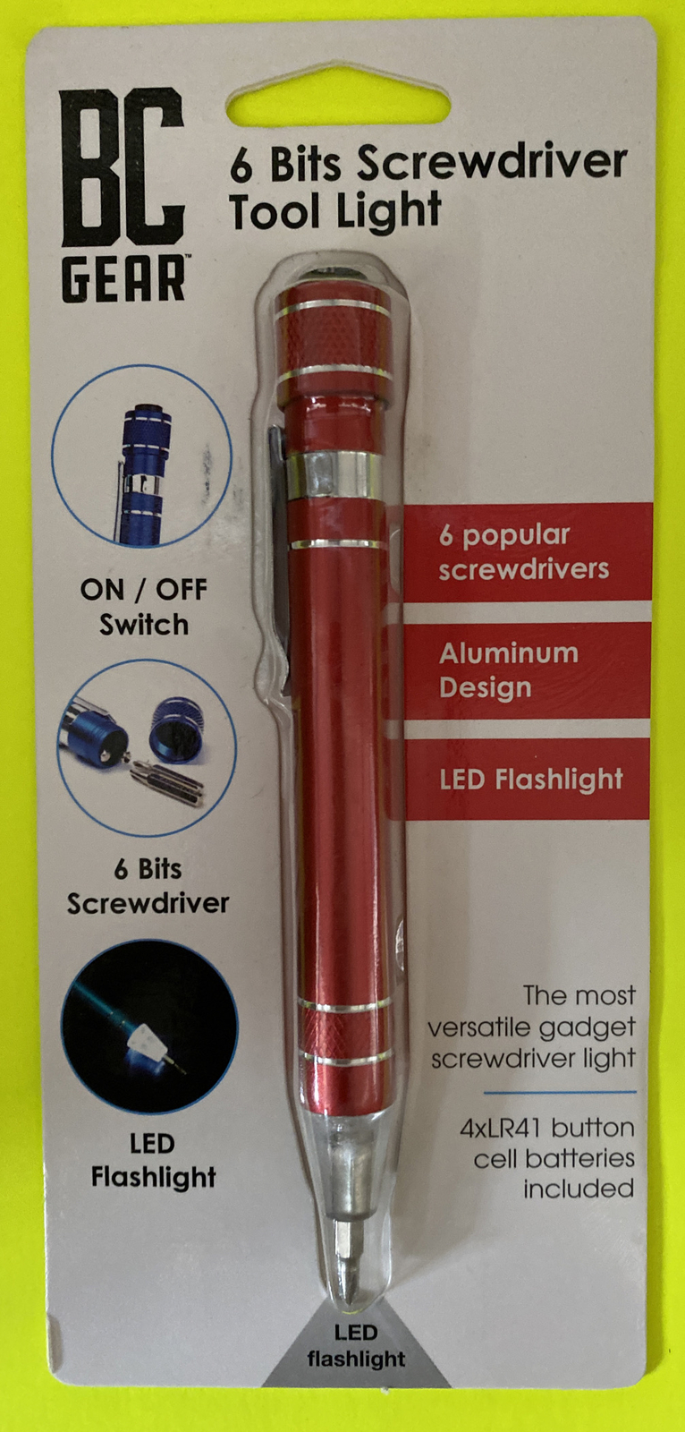 BC GEAR 6 Bits Screwdriver Pocket Clip Led Flashlight TS3057 RED FREE SHIPPING