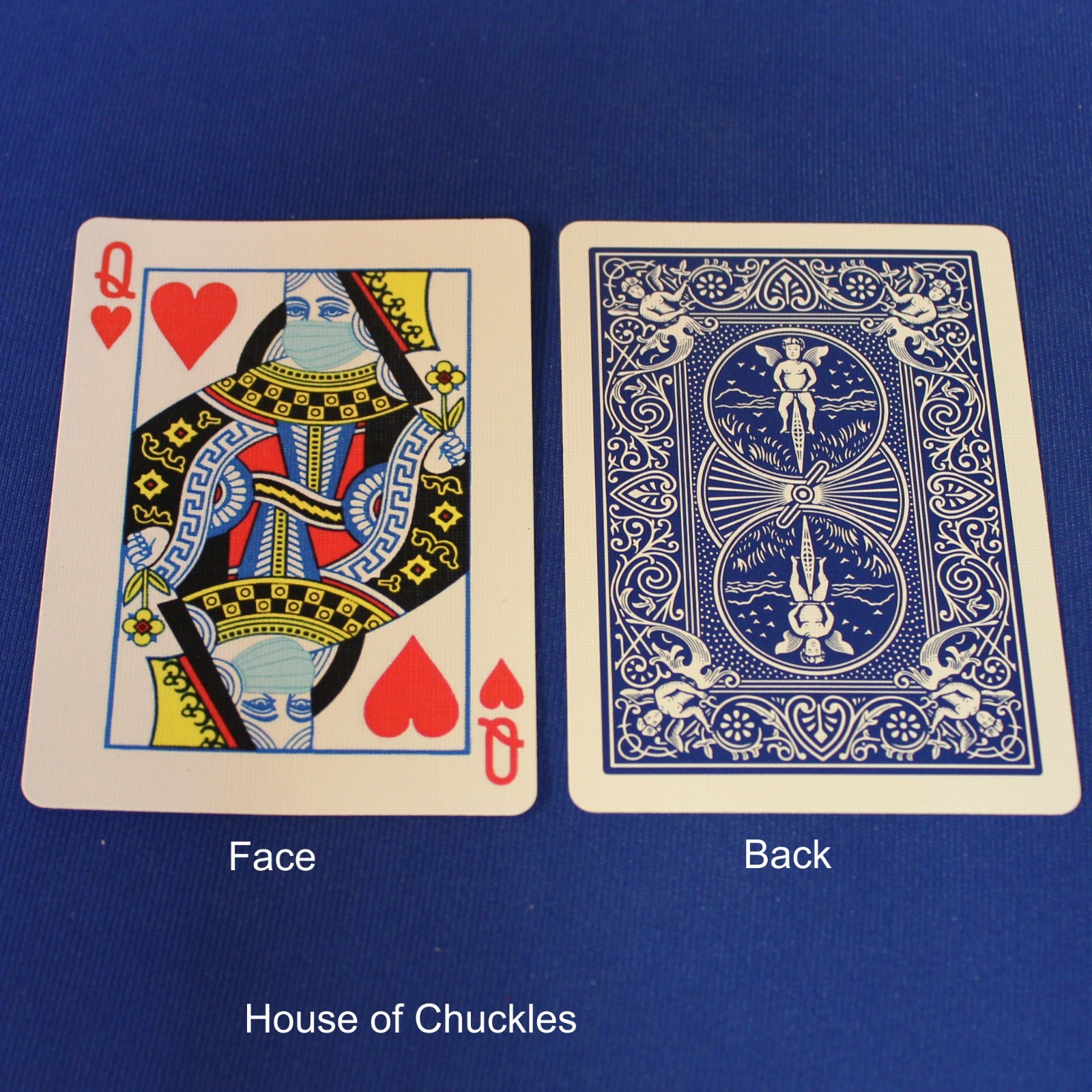Covid Masked Queen of Hearts, Bicycle Printed Gaff Card, Blue