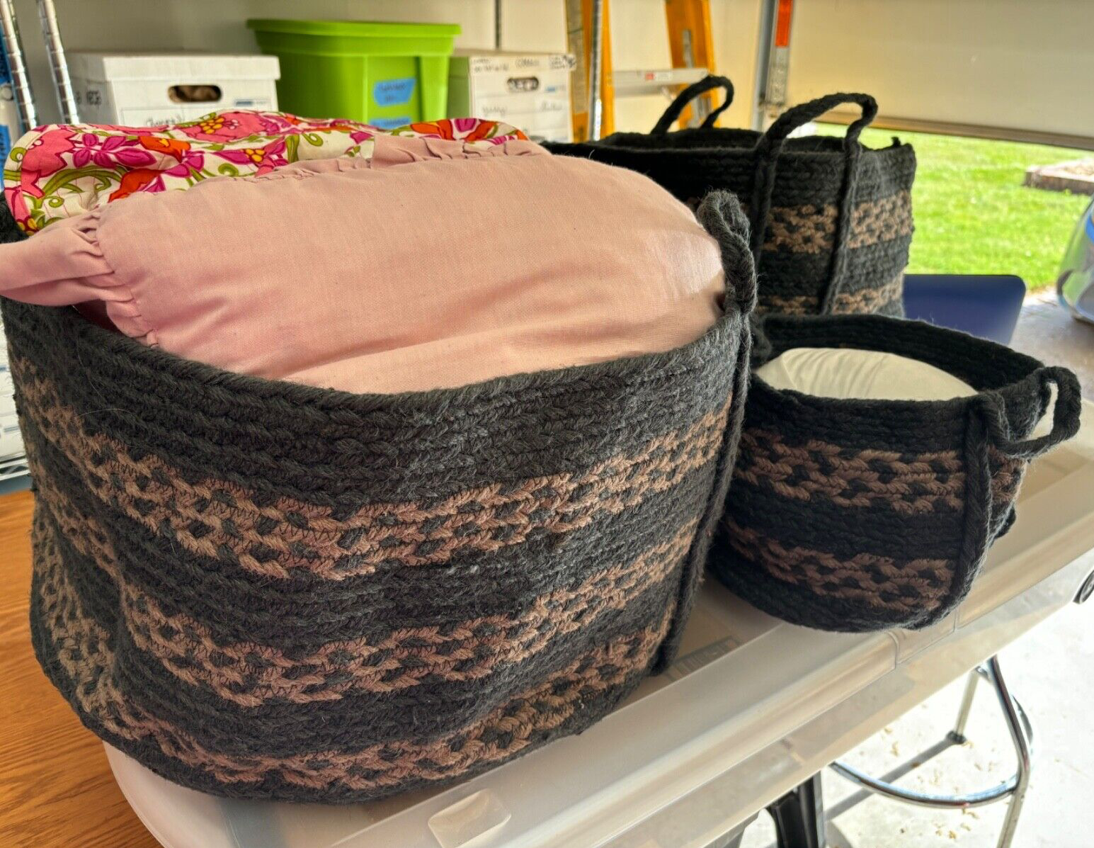 NEW Black Braided Jute Storage Basket Set x3 India 19x12" 14x10" 9x7" + Handles