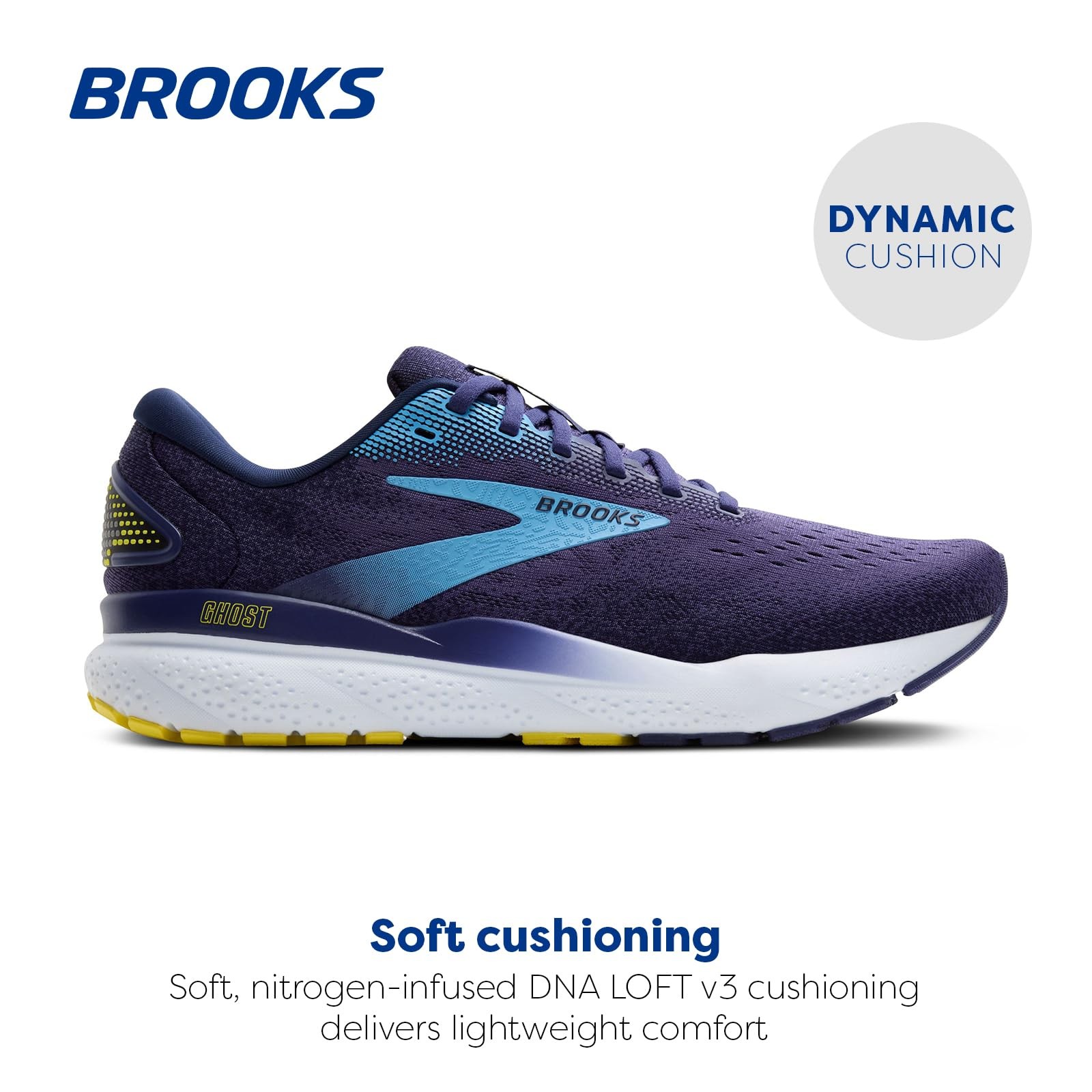 Brooks Men’s Ghost 16 Neutral Running Shoe - Blue/Bonnie Blue/Yellow - 8 Medium