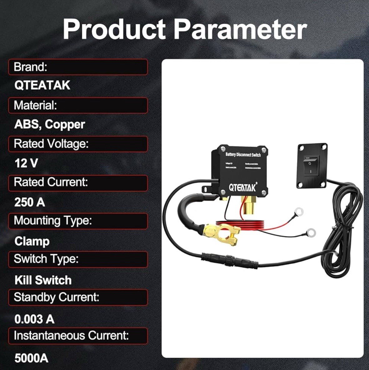 12V 250A Battery Disconnect Switch, KCD4, Manual Control (Panel Rocker Switch)