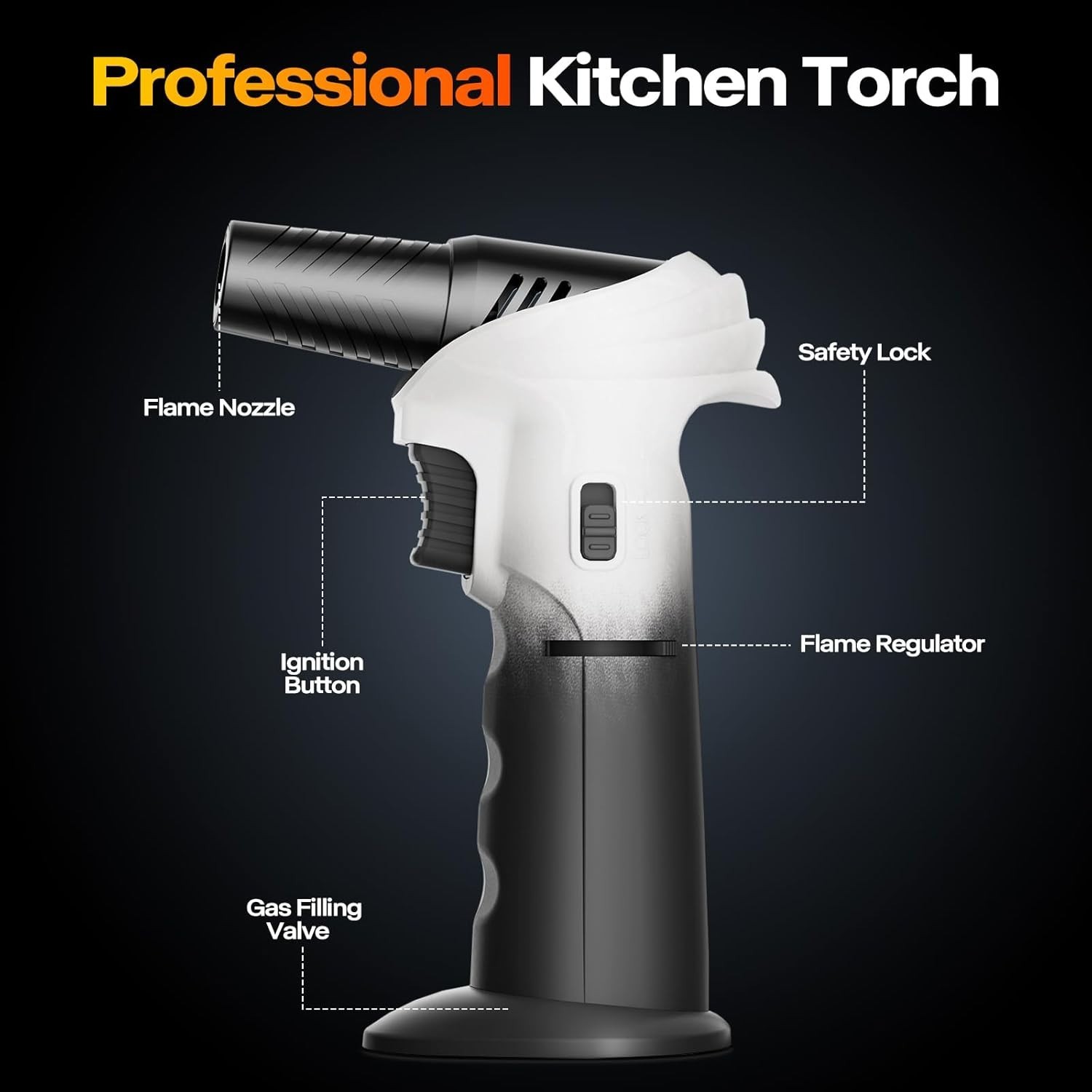 Butane Torch Lighter Adjustable Flame Refillable 0-90° Rotating Head White Black