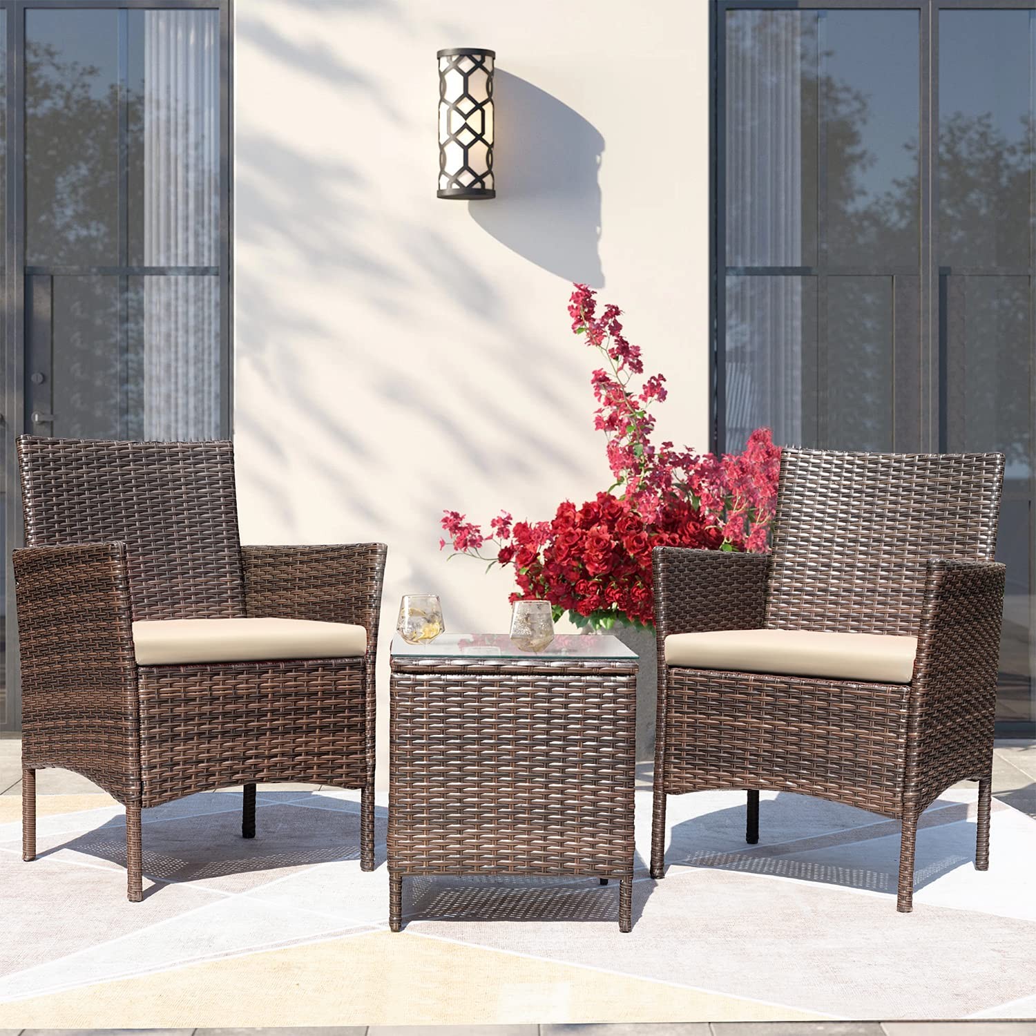 Greesum 3 Pieces Patio Furniture Sets 26.6x12.1x19.3 inches, Brown and Beige