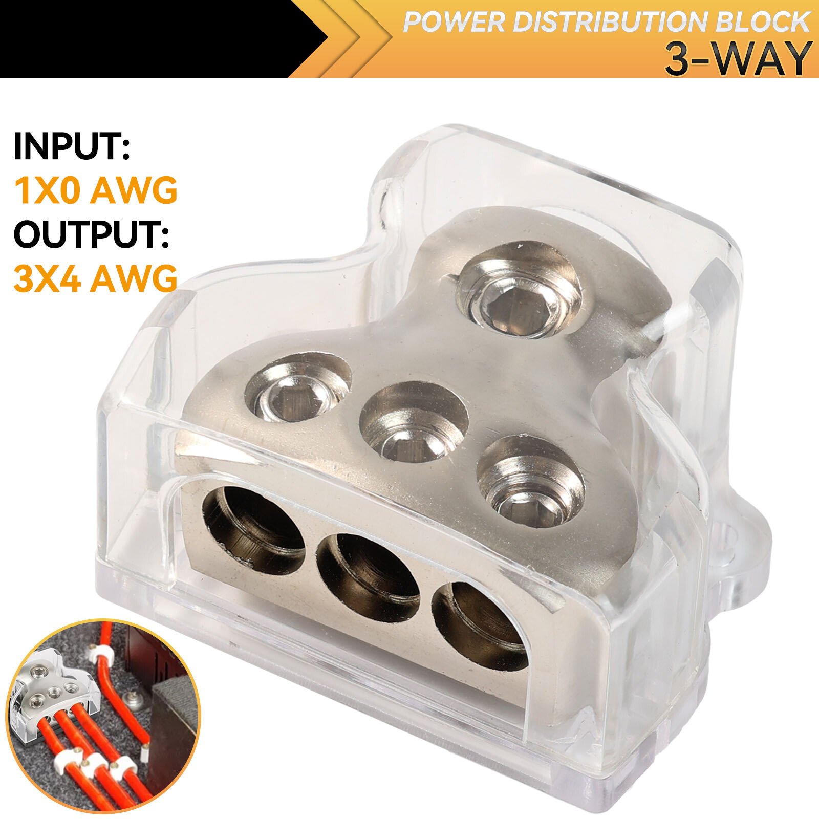 3Way Distribution Block Car Audio Power Wire Splitter 1*0 Gauge 3*4 Gauge Out.