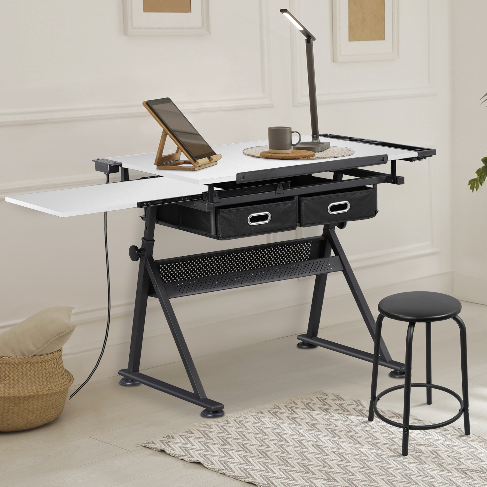 Adjustable Drafting Drawing Table Tabletop Tiltable w/ Stool & Outlet White