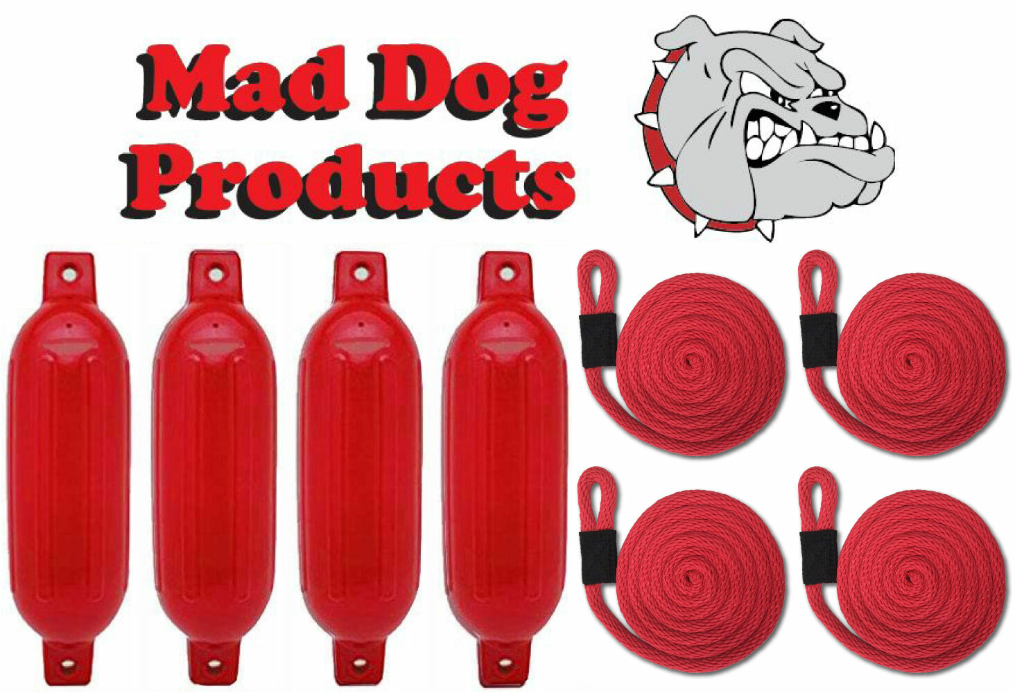 (4) RED 6.5 x 23 Ribbed Inflatable Boat Fender Buoys & 4 Red Lines - Made in USA