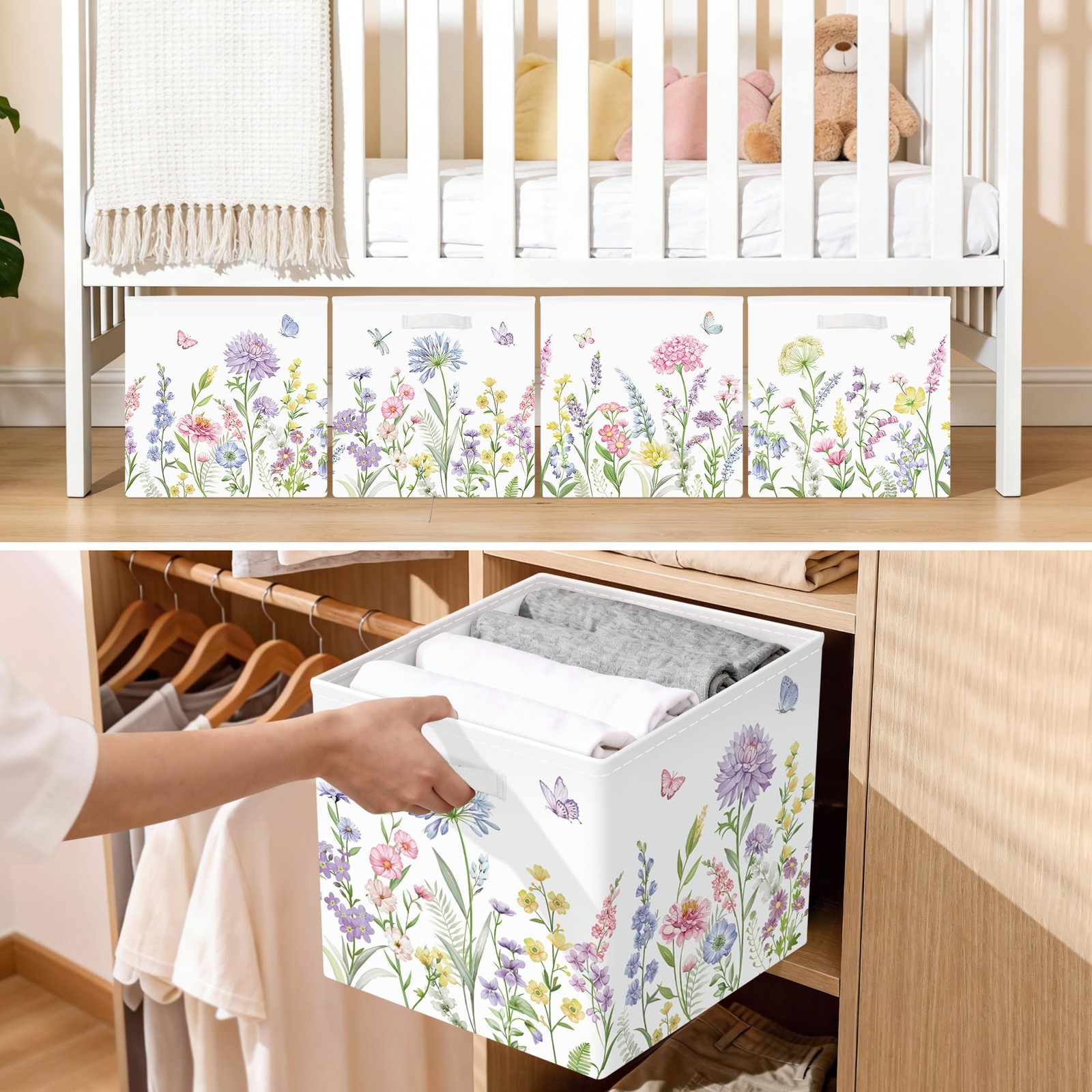11.8" Spring Summer Flower Cube Storage Organizer Set 3Pcs Wild Plants Cube S...