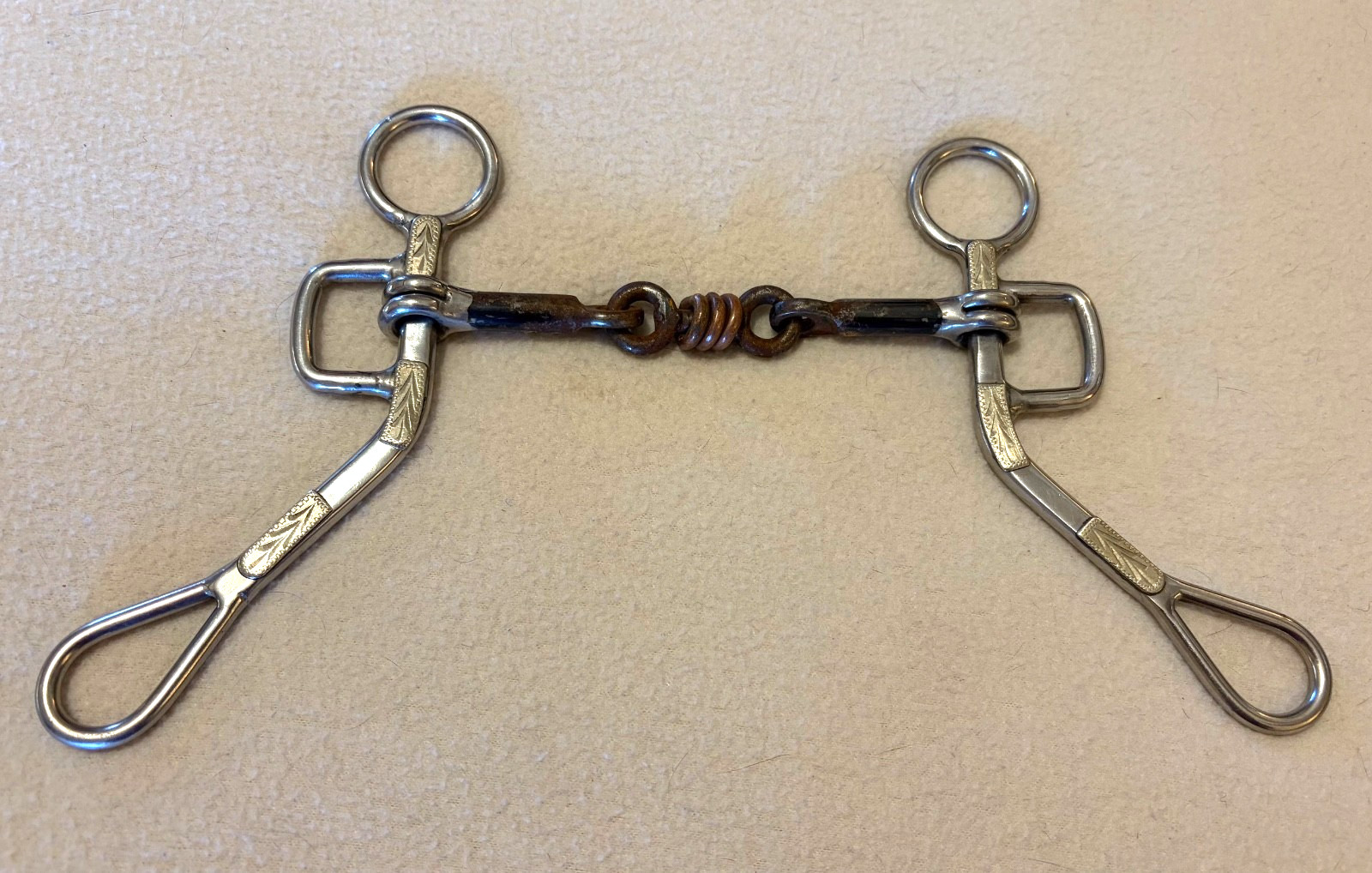 Argentine Ornate Shank Sweet Iron Dogbone Mouth Horse Show Bit w/Copper Rings-5"