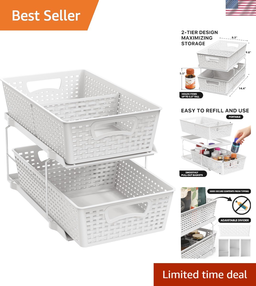 2 Tier Pull-Out Sliding Drawer Under Sink Storage, White | Great for Kitchen ...