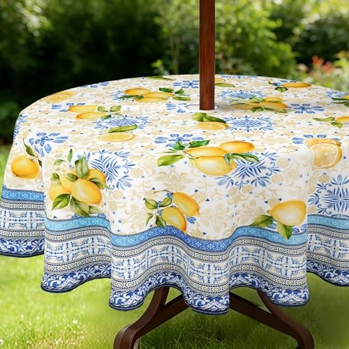 Outdoor Tablecloth with Umbrella Hole and Zipper, Lemon 60" (Round) Lemon01