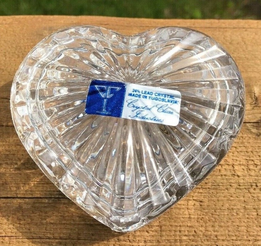 Vintage Lead Crystal Heart Shape CCI 24% Lead Crystal Yugoslavia Original Tag