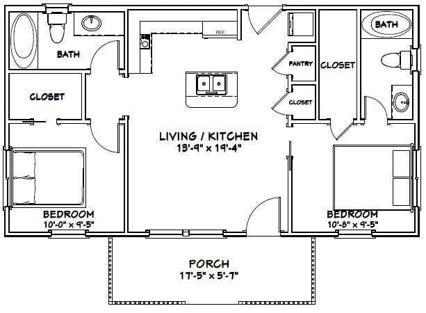 36x20 House -- 2 Bedroom 2 Bath -- 720 sq ft -- PDF Floor Plan -- Model 3B