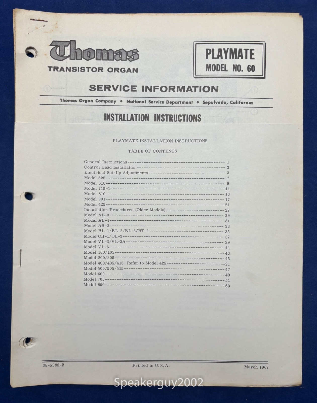 Original Thomas Organ Installation Instruction Manual / Playmate 60 -- #3