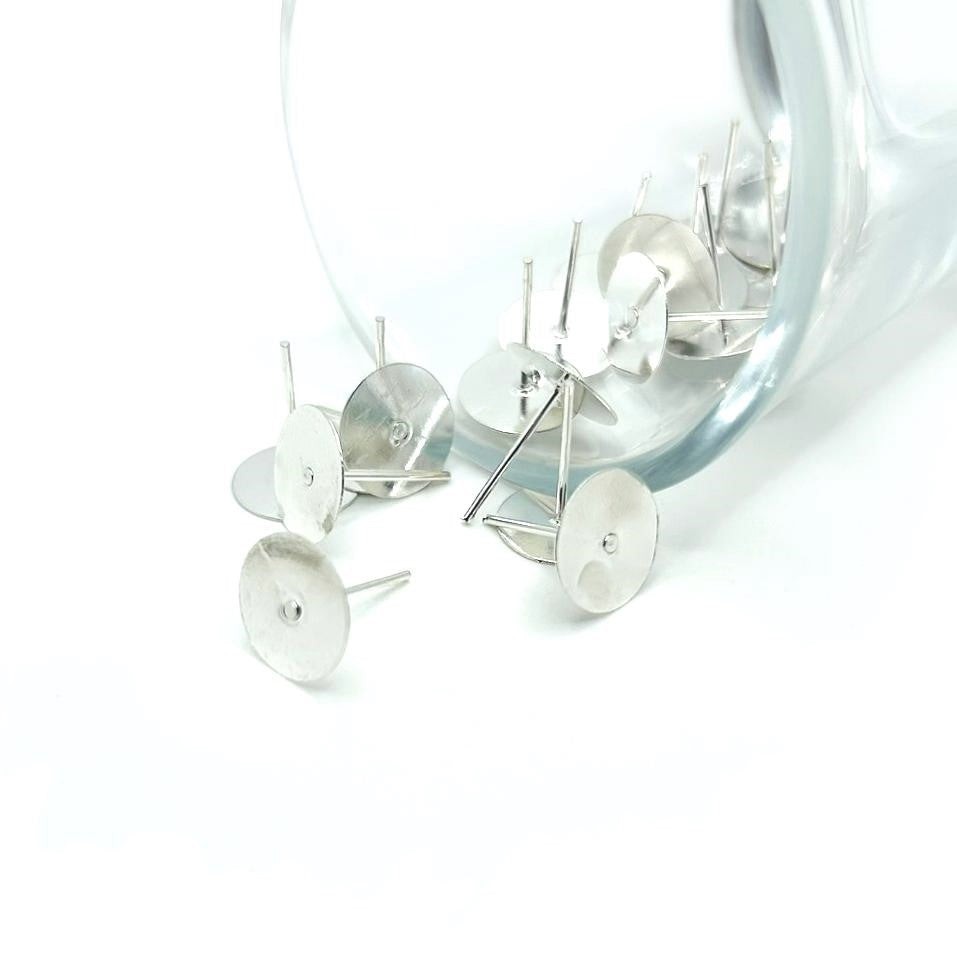 10mm Bright Silver Round Flat Ear Stud Earring Bases - US Selle