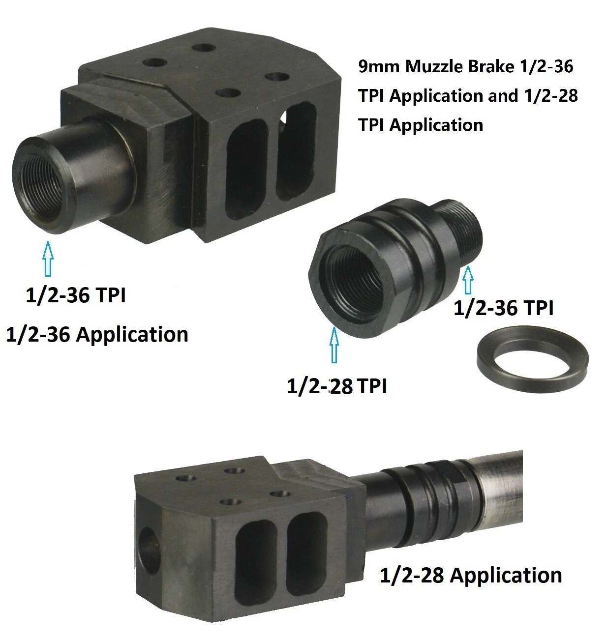1/2X28 TPI Tank Style Competition Muzzle Brake All Steel For 9mm