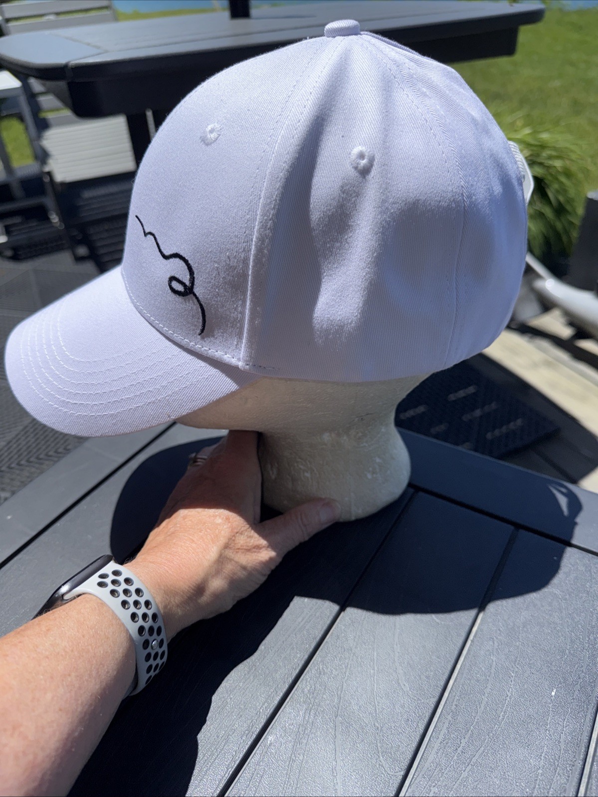 Swurly Co Black Logo on Silk Lined Baseball Hat Cap White Pony Tail Opening EUC