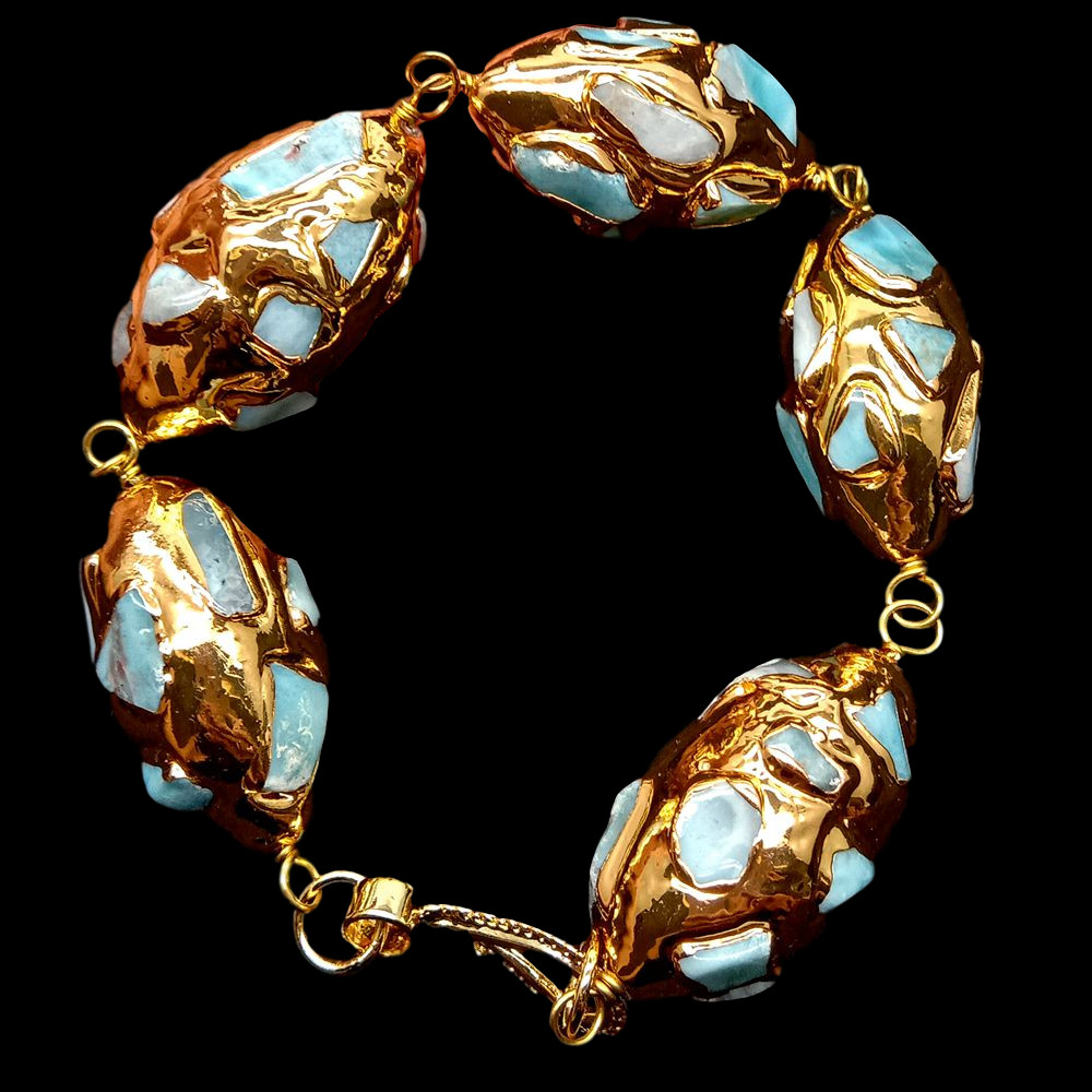 Natural Blue Larimar Gold Plated Olive shape Bracelet