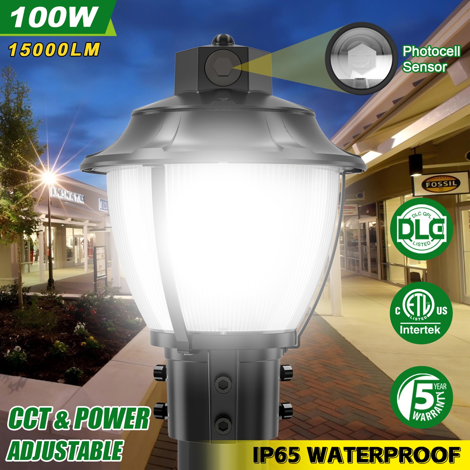 100W LED Post Top Pole Light Commercial Outdoor Yard Area Security Lighting IP65