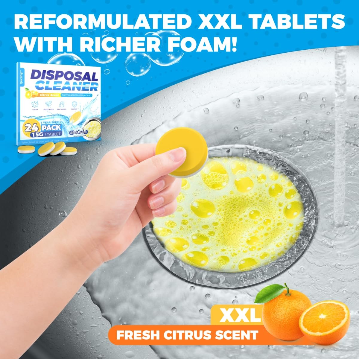 XXL Foaming Garbage Disposal Cleaner Tablets - Citrus Scent 24 Pack