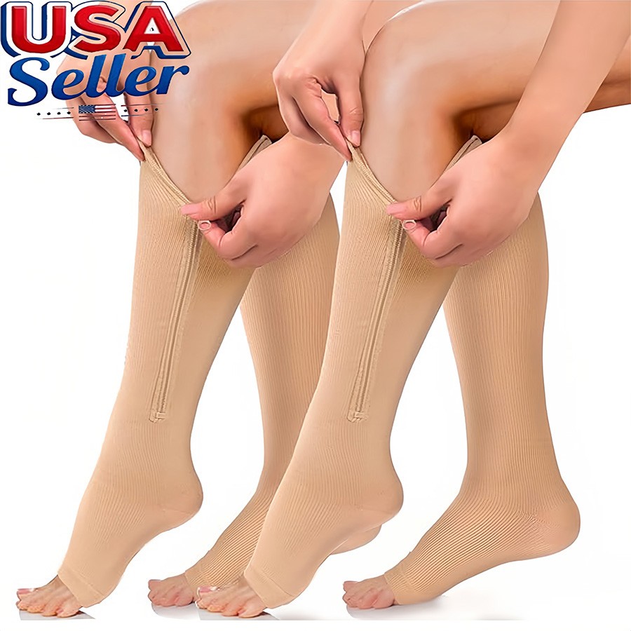 3x Zip-Up Compression Socks 15-20mmHg Open Toe With Zipper Pain Relief Unisex