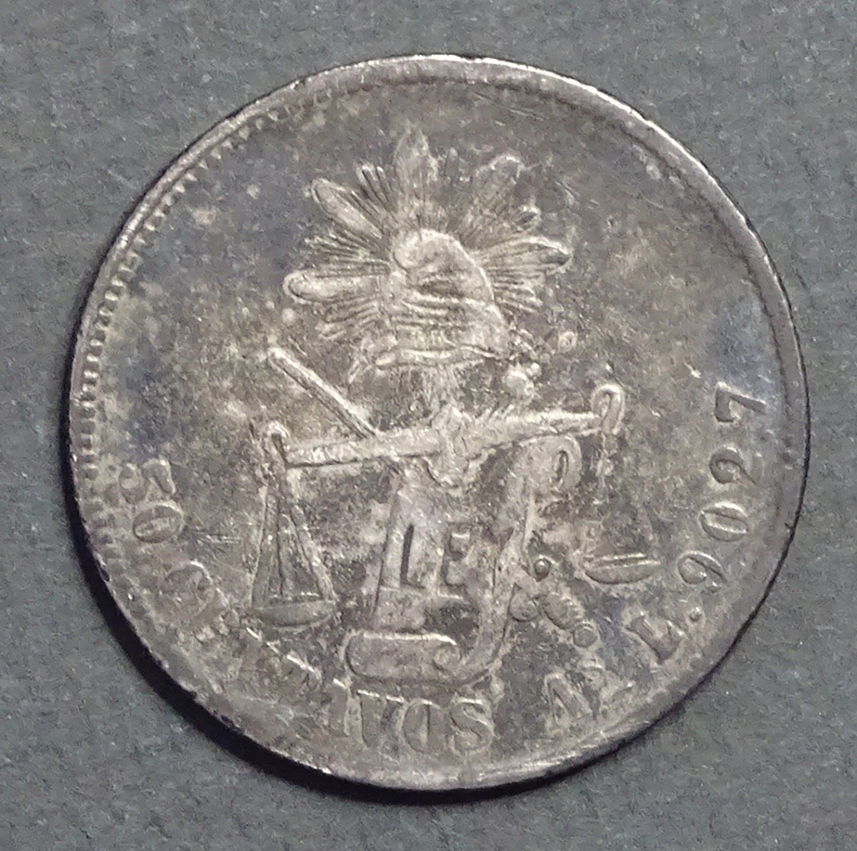 1879 MEXICO Eagle & Cap MEXICAN SILVER 50 Centavos Coin / ALAMOS MINT As L