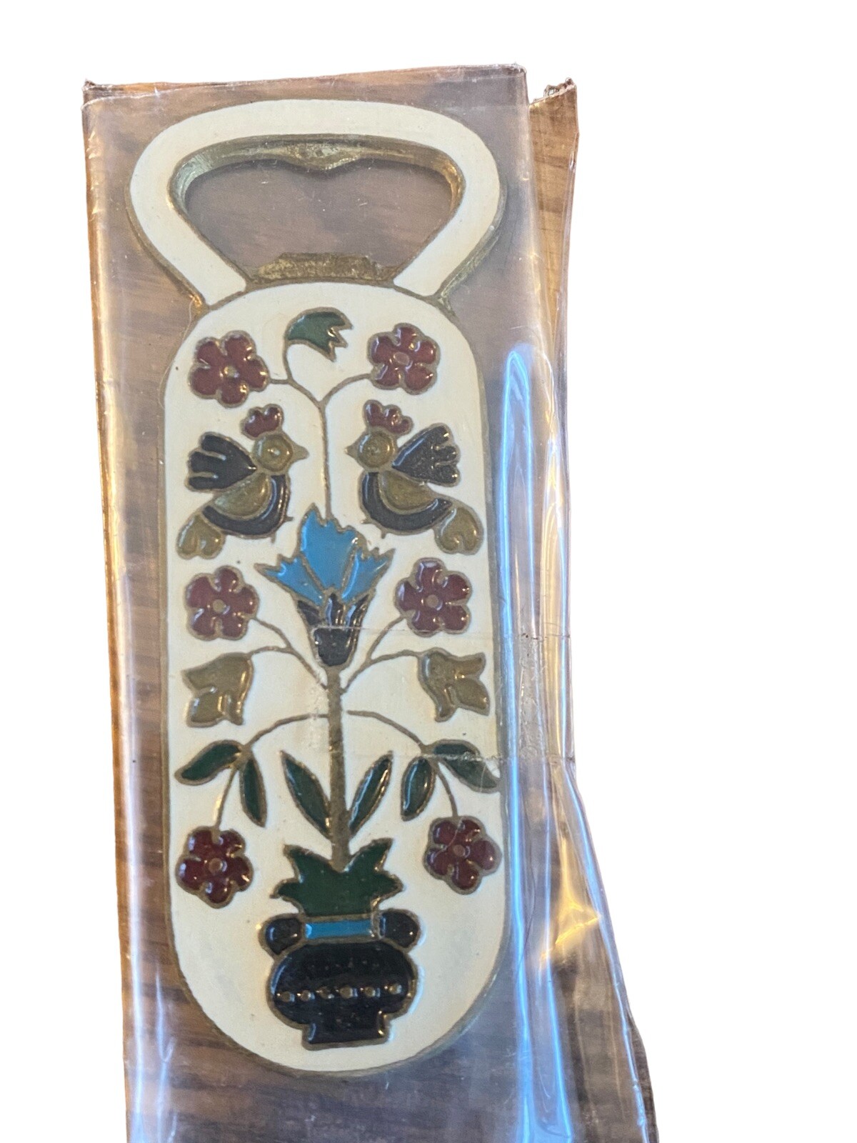 Vintage Cloisonné Enamel and Bronze Bottle Opener MCM Kitch Bar bird floral new