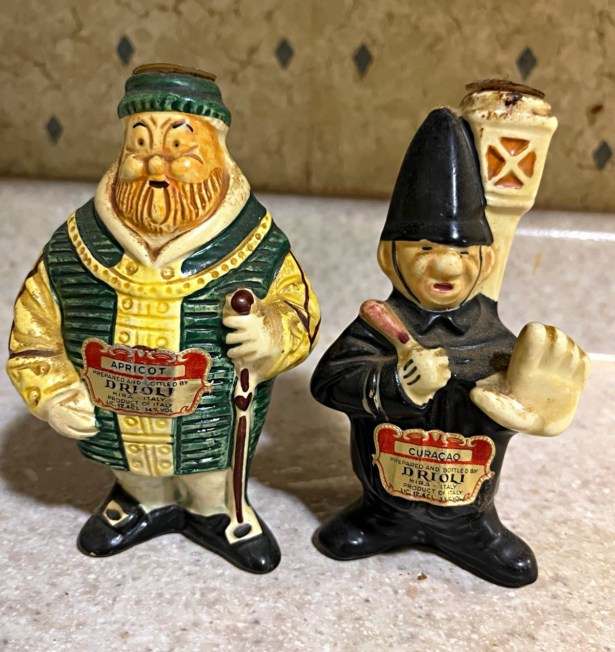 DRIOLI Apricot & Curacao Figural Ceramic Mini Liquor Bottles 2 oz Italy