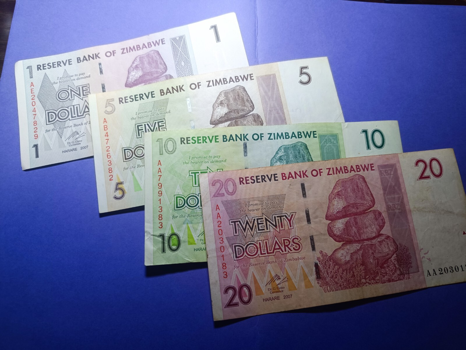 Zimbabwe: 1, 5, 10, 20 Dollars 2007 low value set (Circulated) - UK Seller