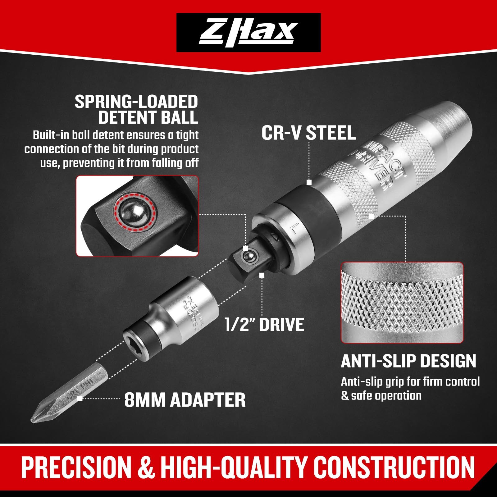 ZHAX 1/2" Hand Impact Driver 15 Pcs Reversible Screwdriver CR-V Set Case Bolt