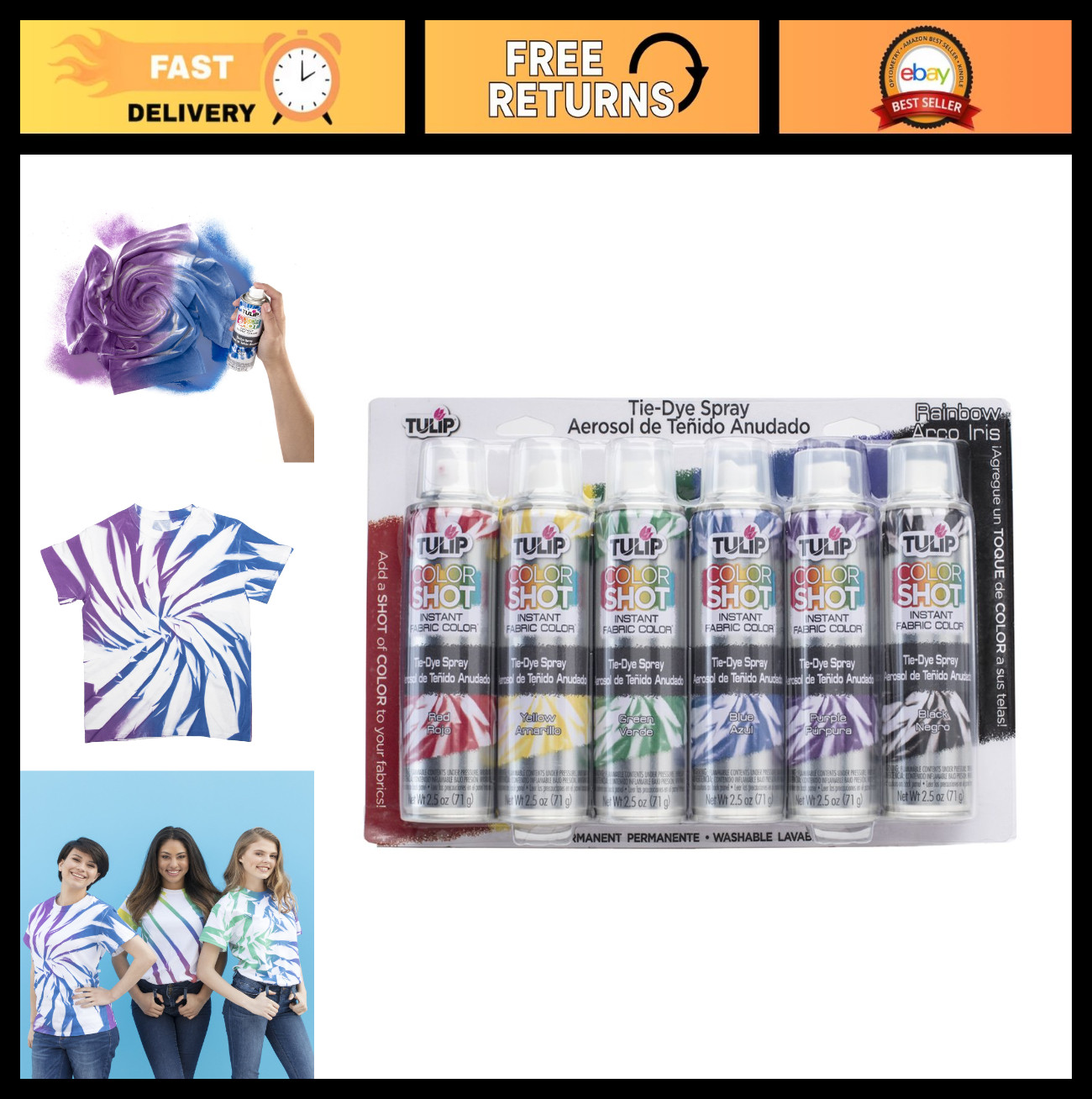 Vibrant Tie Dye Fabric Spray Paint Set - 6 Mini Cans, 2.5 oz Rainbow Colors