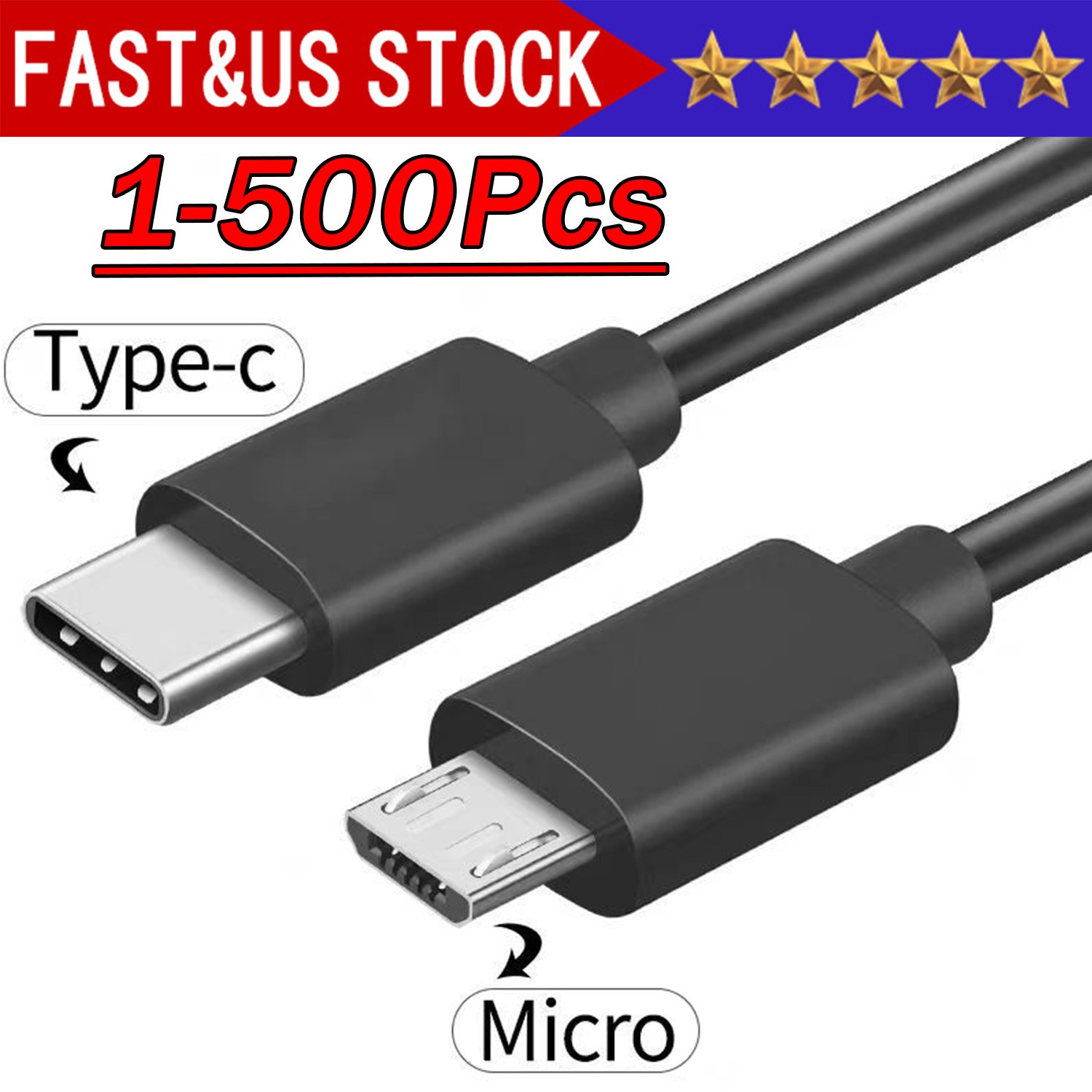 USB Type C to Micro 5V/2.4A Data & Sync Transfer OTG charging cable - Black Lot