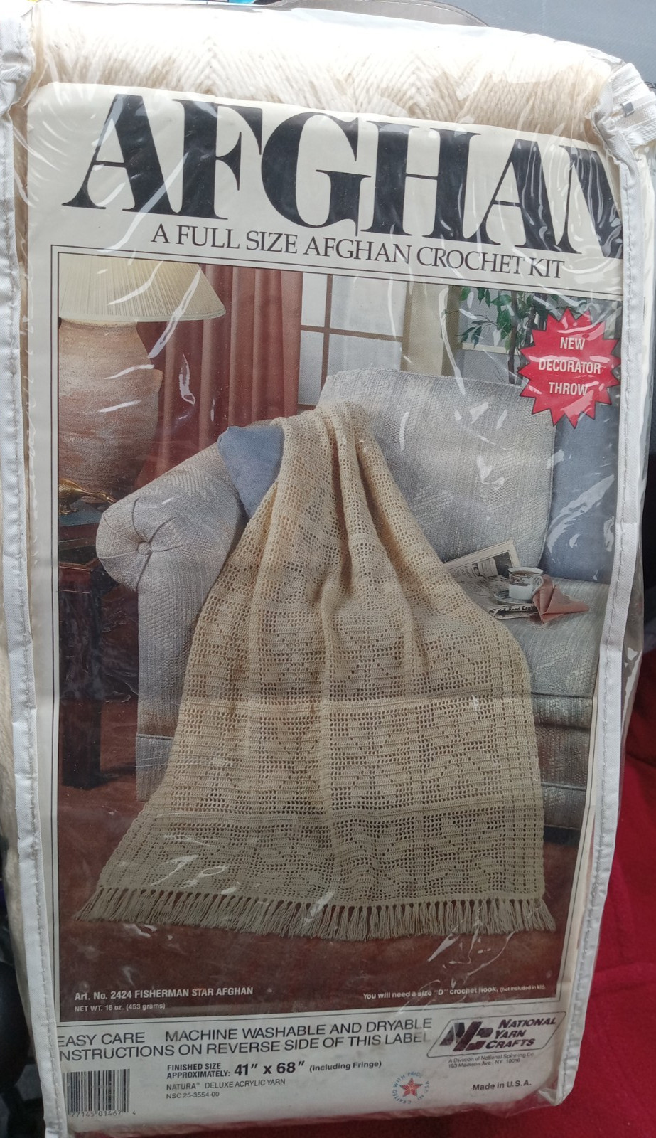 National Yarn Crafts Full Sz Afghan Crochet Kit Natura Acrylic “Fisherman  Star”
