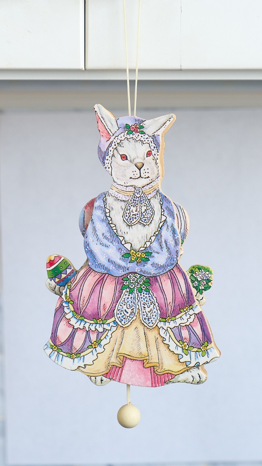 2 EASTER BUNNY Lady Gent Pull String Wooden Ornament 2 Sided Toy Midwest Imports