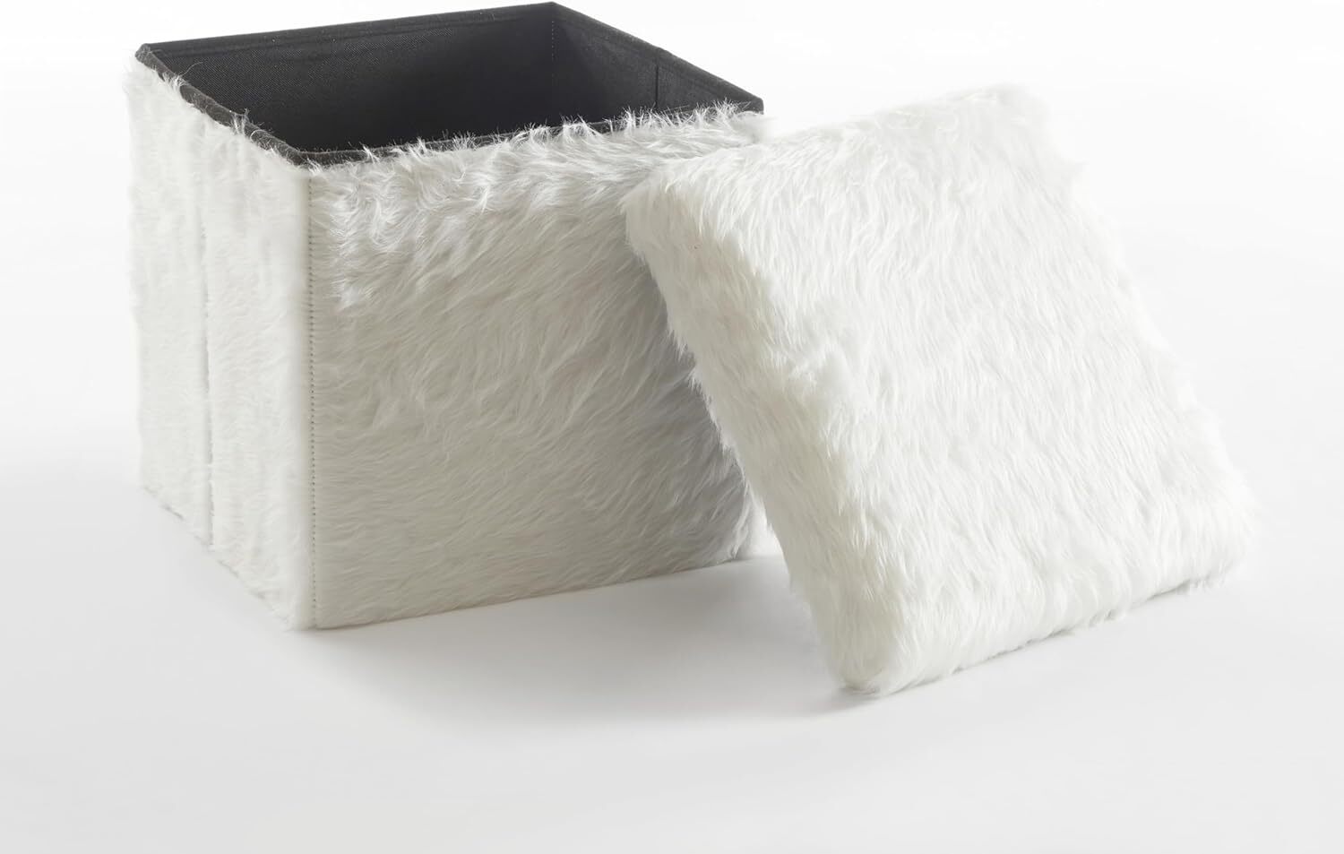 White Mongolian Fur Collapsible Storage Ottoman with Lid, 15x15x15,
