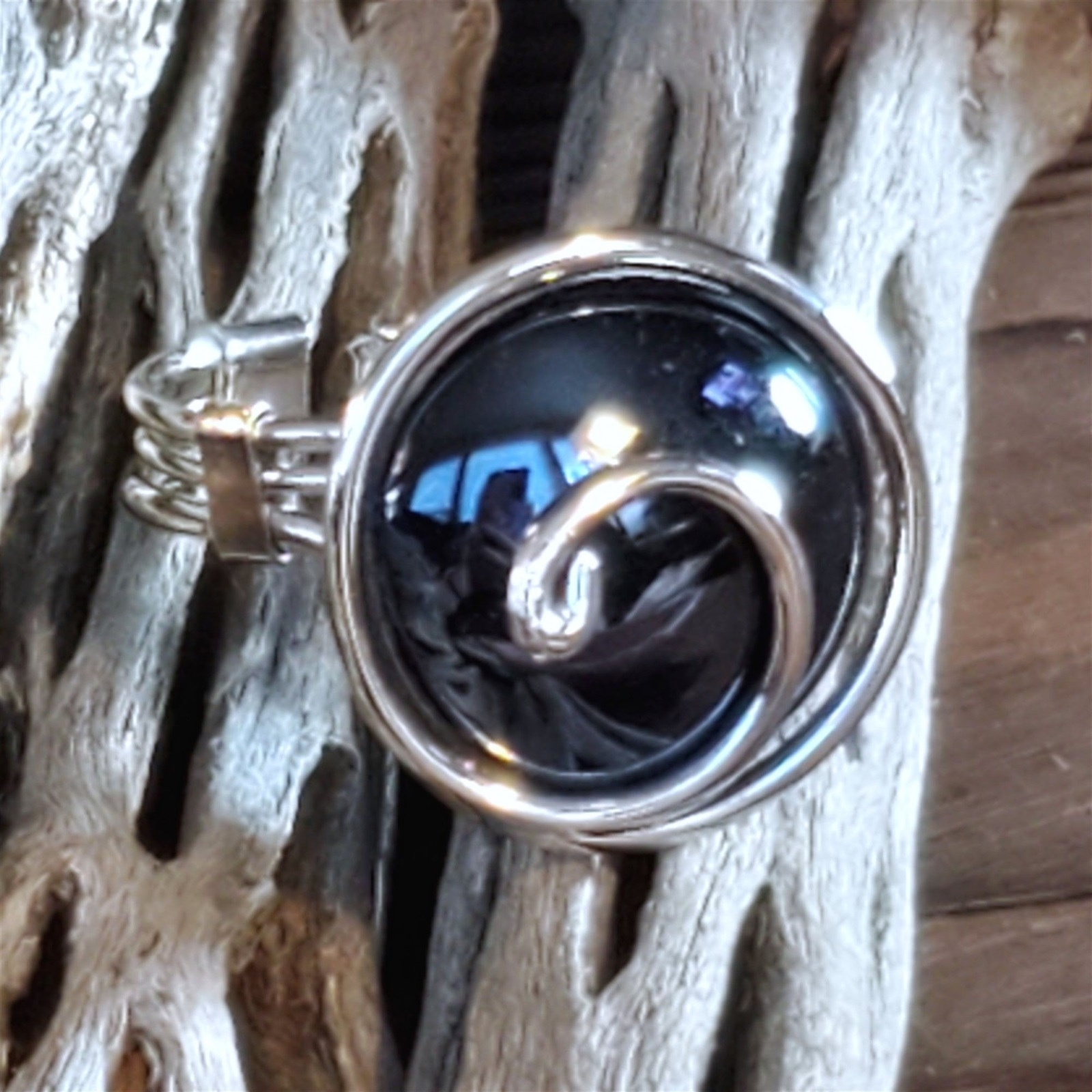 Handcrafted Edgy Opaque Black Silver Spiral Luster Glass Bauble Ring