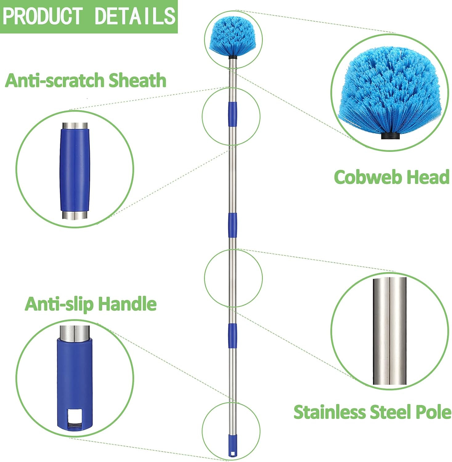 Cobweb Duster with Extension Pole, Medium Stiff Bristles Cobweb Duster Head & 6-